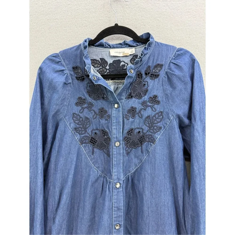 Coach Embroidered Denim Mini Shirt Dress Size 4 Made in Italy